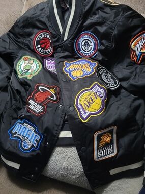 NBA Black Satin Patchwork Varsity Jacket with Multi-Color Team Patches